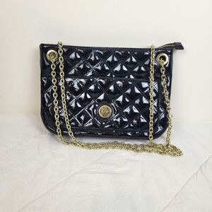 Anne Klein VTG Faux Patent Leather Black Quilted Shoulder Bag Gold Chain Strap